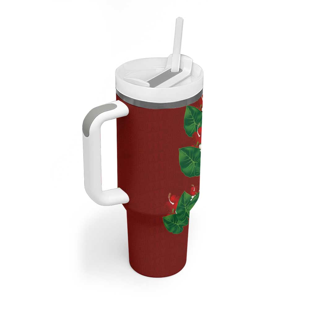 Hawaiian Taro Leaves-Hibiscus and Plumeria Tumbler With Handle Polynesian Art-Kakau Tattoo Red