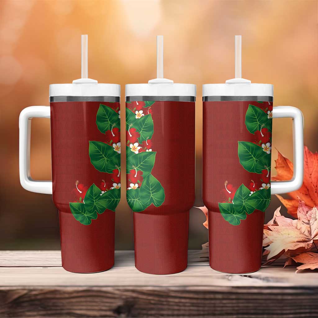Hawaiian Taro Leaves-Hibiscus and Plumeria Tumbler With Handle Polynesian Art-Kakau Tattoo Red