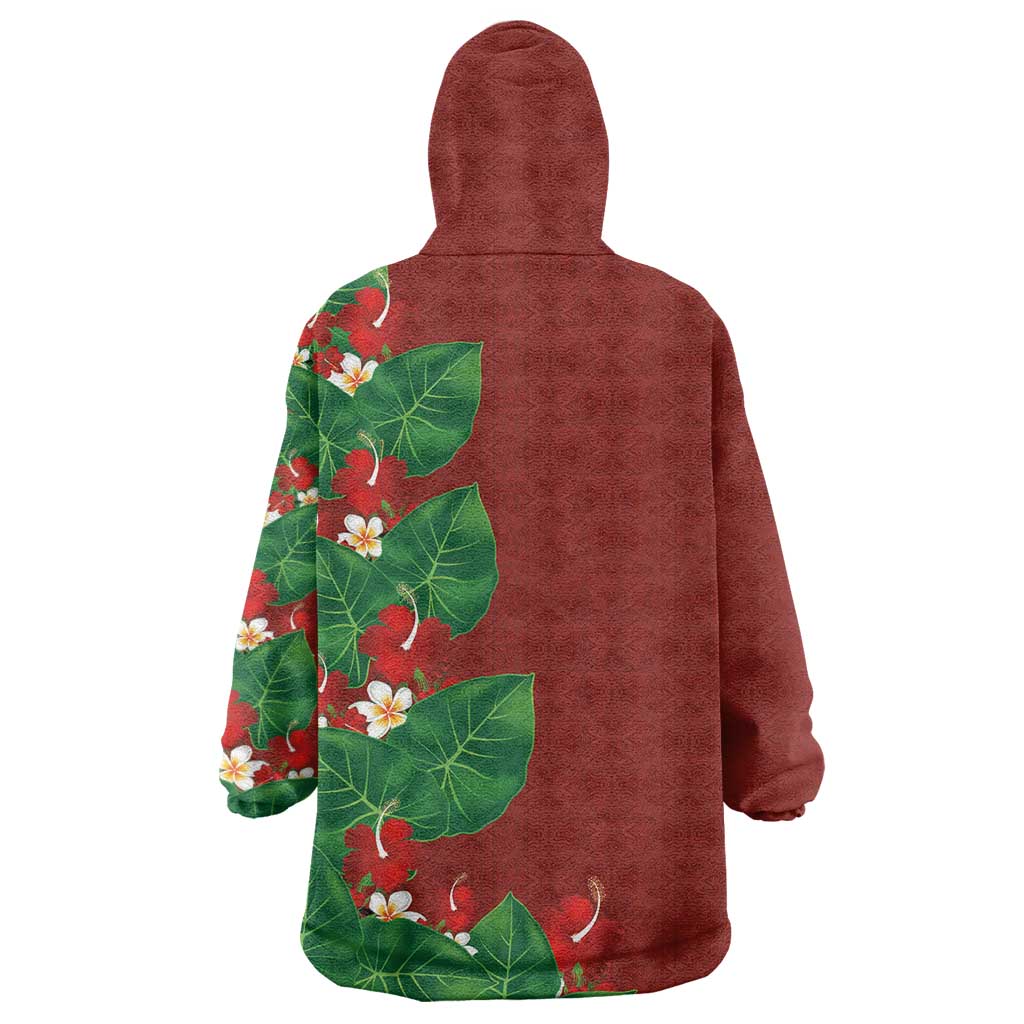 Hawaiian Taro Leaves-Hibiscus and Plumeria Wearable Blanket Hoodie Polynesian Art-Kakau Tattoo Red