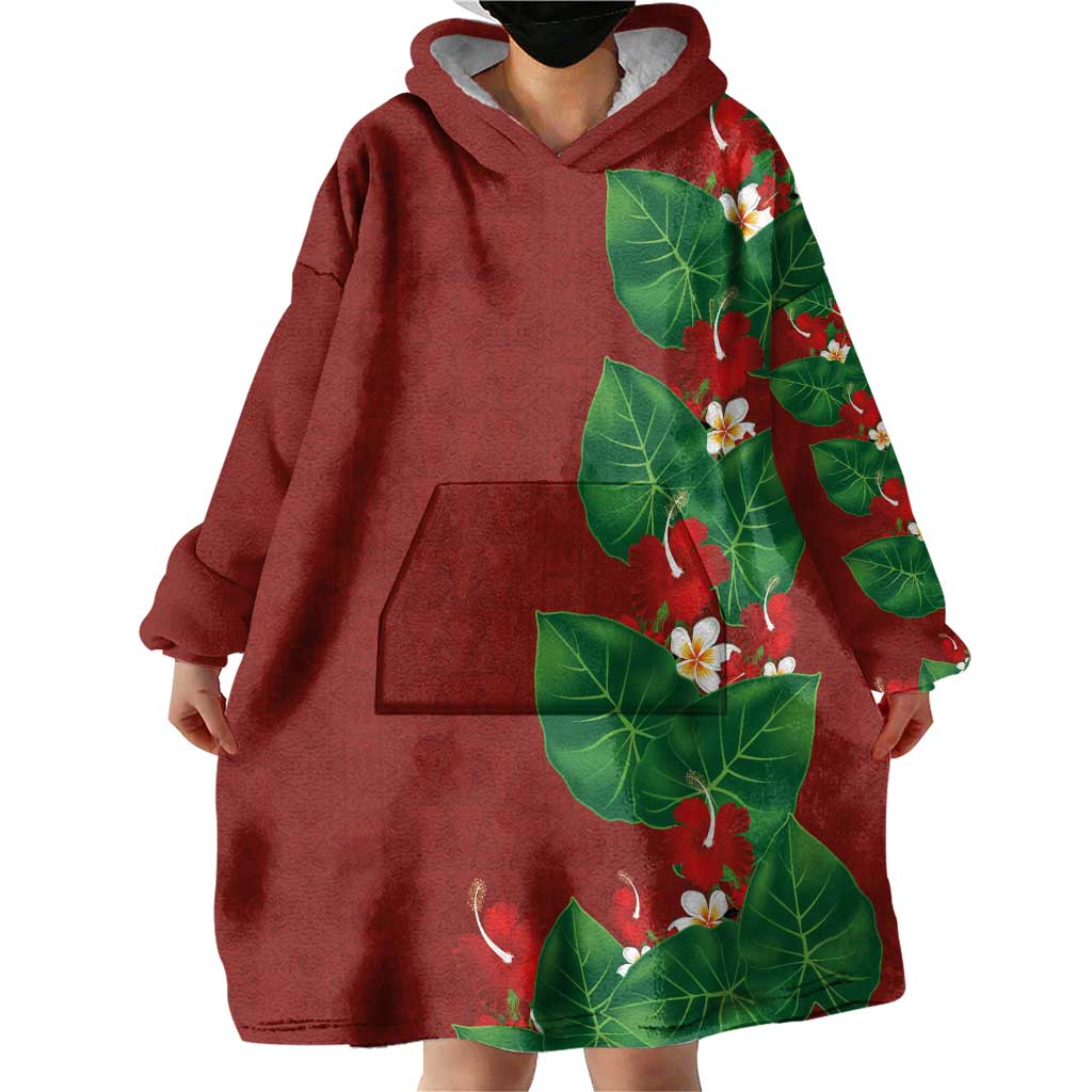 Hawaiian Taro Leaves-Hibiscus and Plumeria Wearable Blanket Hoodie Polynesian Art-Kakau Tattoo Red