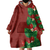 Hawaiian Taro Leaves-Hibiscus and Plumeria Wearable Blanket Hoodie Polynesian Art-Kakau Tattoo Red