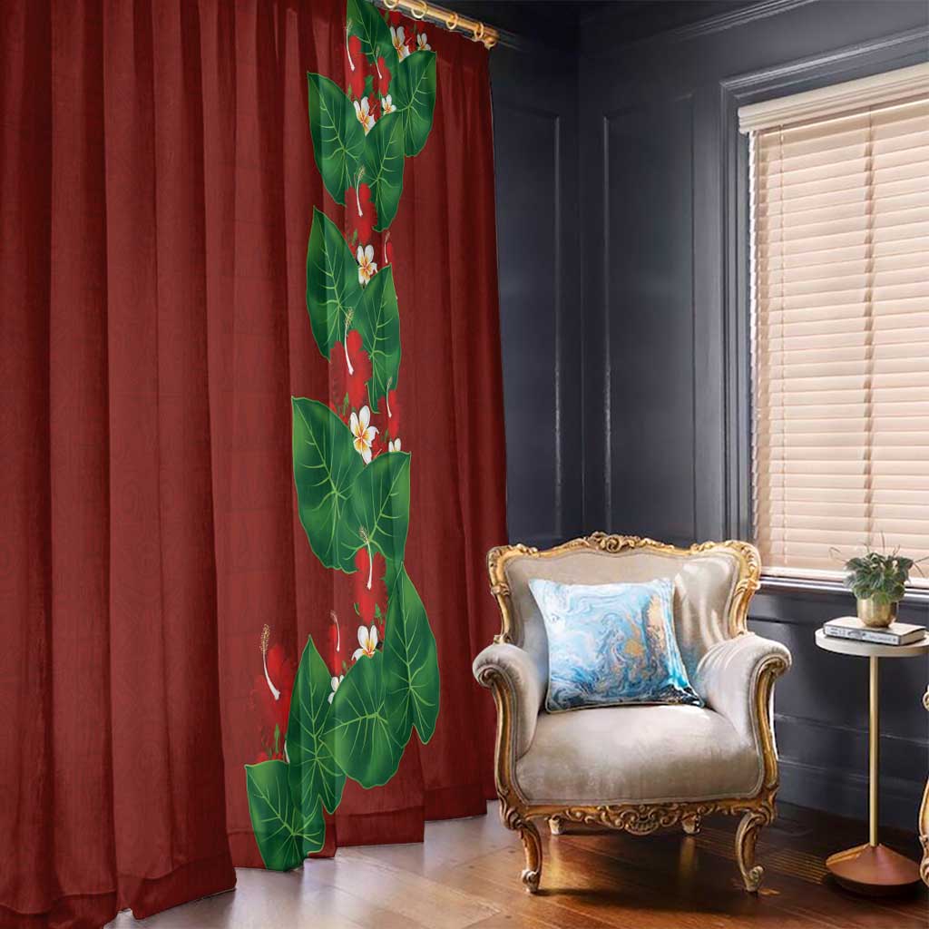 Hawaiian Taro Leaves-Hibiscus and Plumeria Window Curtain Polynesian Art-Kakau Tattoo Red