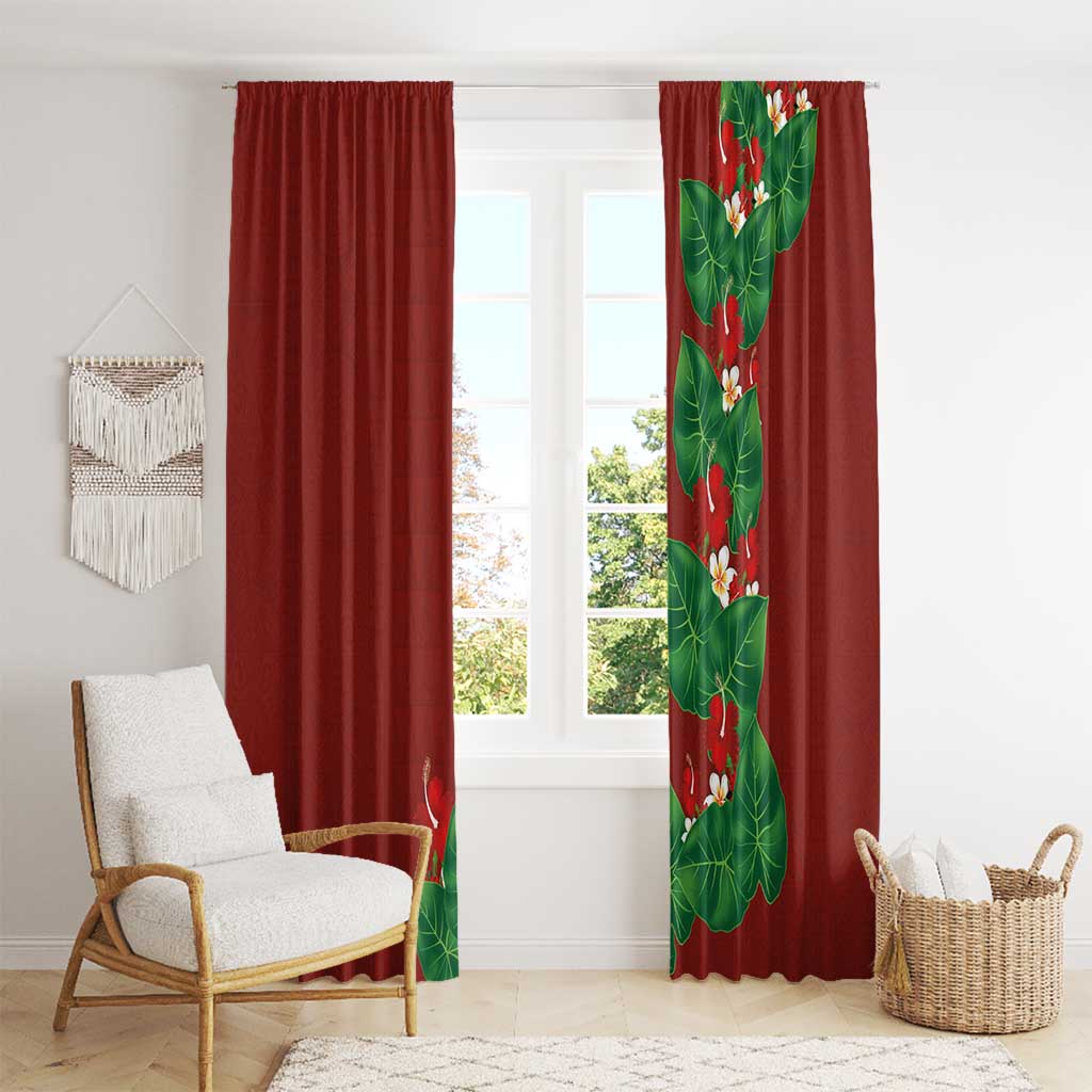 Hawaiian Taro Leaves-Hibiscus and Plumeria Window Curtain Polynesian Art-Kakau Tattoo Red