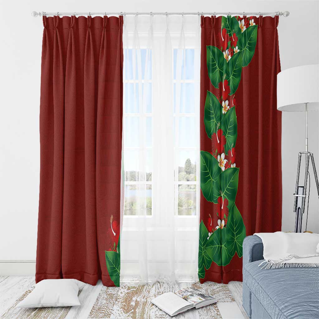 Hawaiian Taro Leaves-Hibiscus and Plumeria Window Curtain Polynesian Art-Kakau Tattoo Red