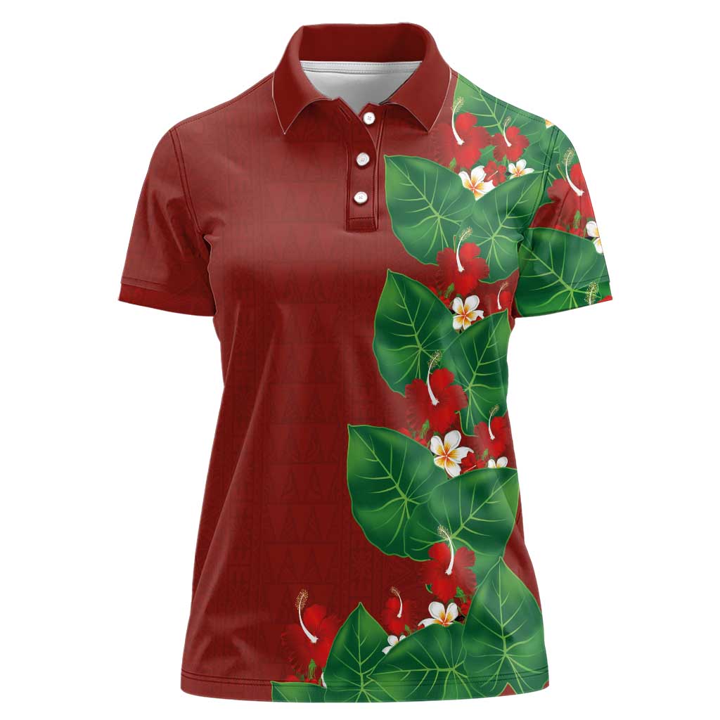 Hawaiian Taro Leaves-Hibiscus and Plumeria Women Polo Shirt Polynesian Art-Kakau Tattoo Red