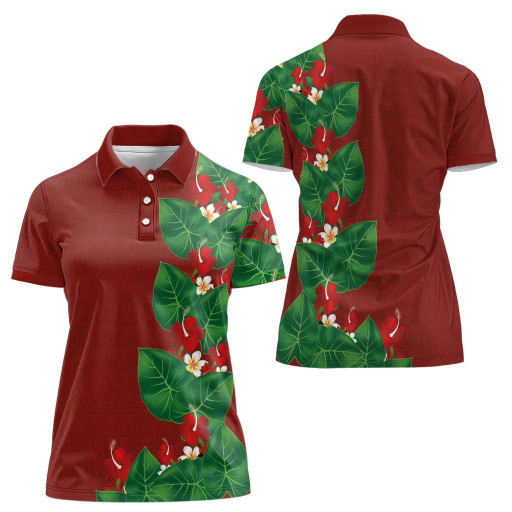 Hawaiian Taro Leaves-Hibiscus and Plumeria Women Polo Shirt Polynesian Art-Kakau Tattoo Red