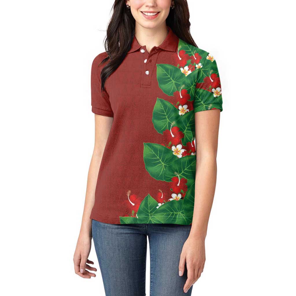 Hawaiian Taro Leaves-Hibiscus and Plumeria Women Polo Shirt Polynesian Art-Kakau Tattoo Red