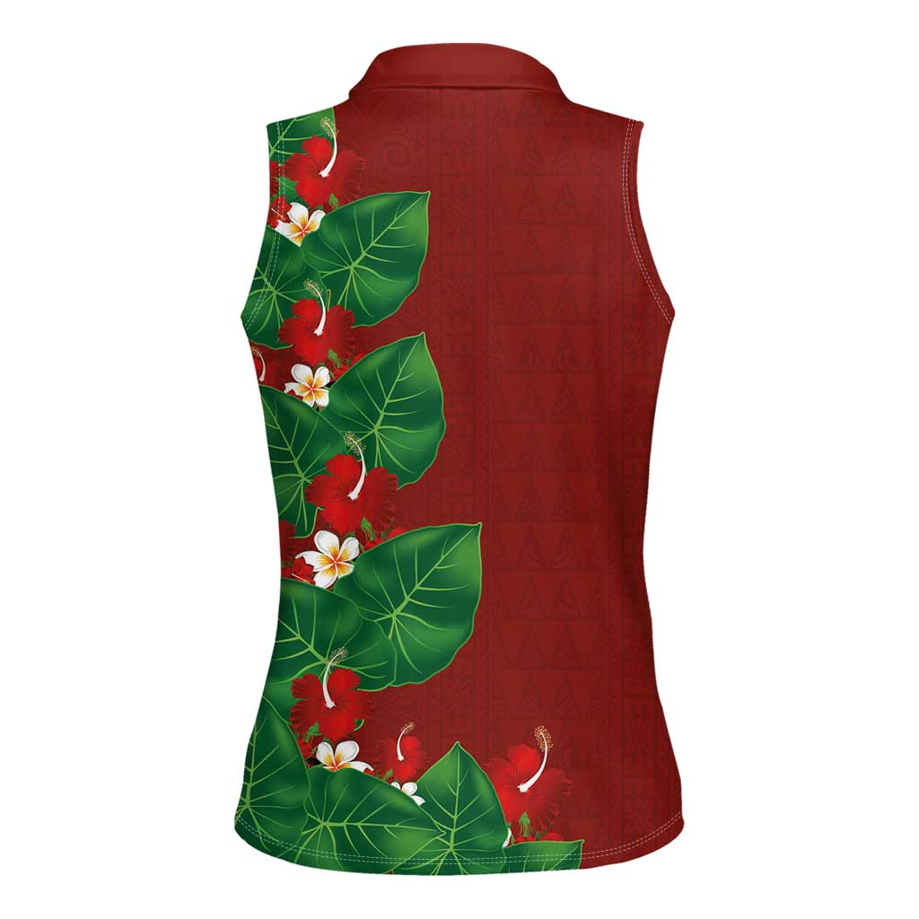 Hawaiian Taro Leaves-Hibiscus and Plumeria Women Sleeveless Polo Shirt Polynesian Art-Kakau Tattoo Red
