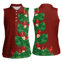 Hawaiian Taro Leaves-Hibiscus and Plumeria Women Sleeveless Polo Shirt Polynesian Art-Kakau Tattoo Red