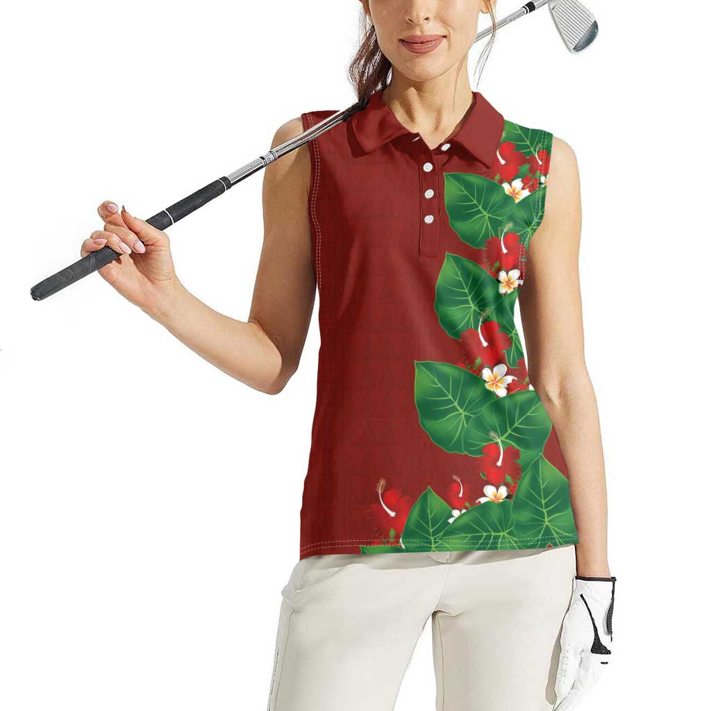 Hawaiian Taro Leaves-Hibiscus and Plumeria Women Sleeveless Polo Shirt Polynesian Art-Kakau Tattoo Red