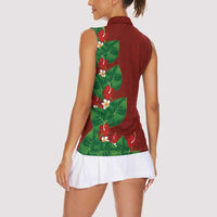 Hawaiian Taro Leaves-Hibiscus and Plumeria Women Sleeveless Polo Shirt Polynesian Art-Kakau Tattoo Red
