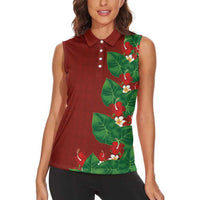 Hawaiian Taro Leaves-Hibiscus and Plumeria Women Sleeveless Polo Shirt Polynesian Art-Kakau Tattoo Red