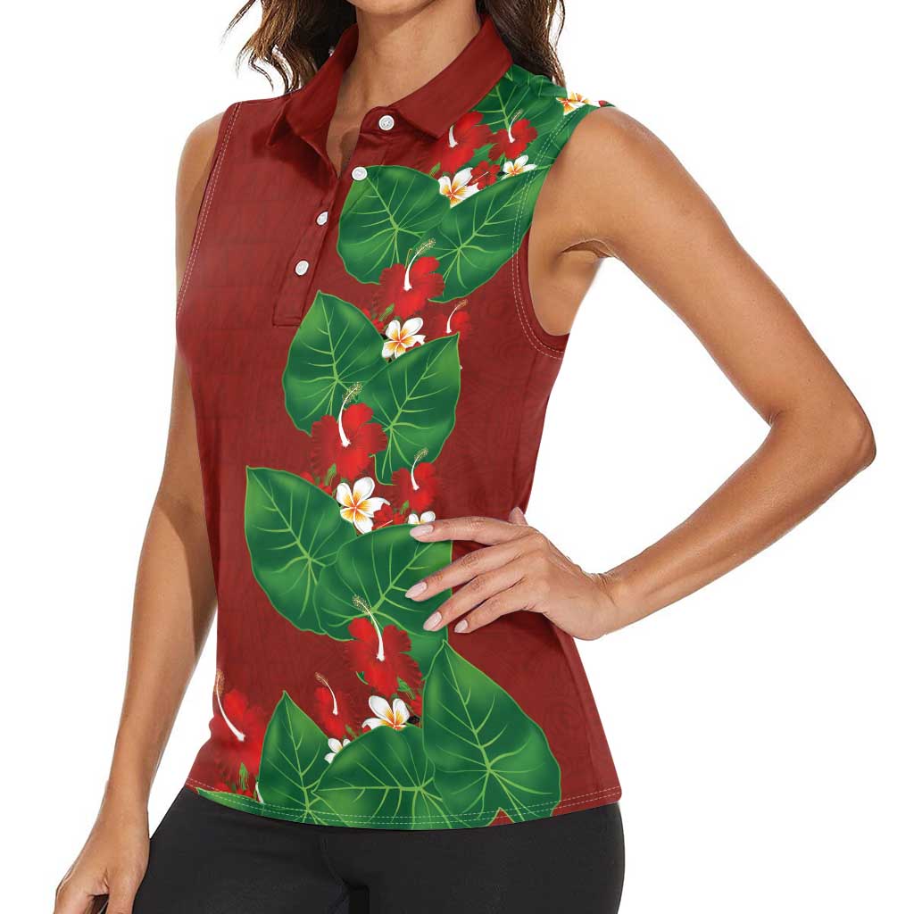 Hawaiian Taro Leaves-Hibiscus and Plumeria Women Sleeveless Polo Shirt Polynesian Art-Kakau Tattoo Red