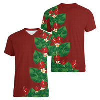 Hawaiian Taro Leaves-Hibiscus and Plumeria Women V-Neck T-Shirt Polynesian Art-Kakau Tattoo Red