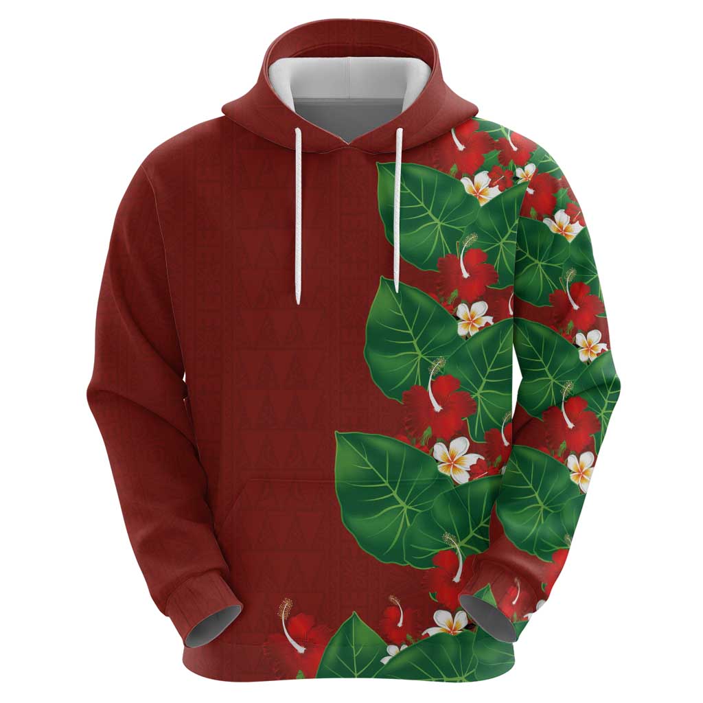 Hawaiian Taro Leaves-Hibiscus and Plumeria Zip Hoodie Polynesian Art-Kakau Tattoo Red