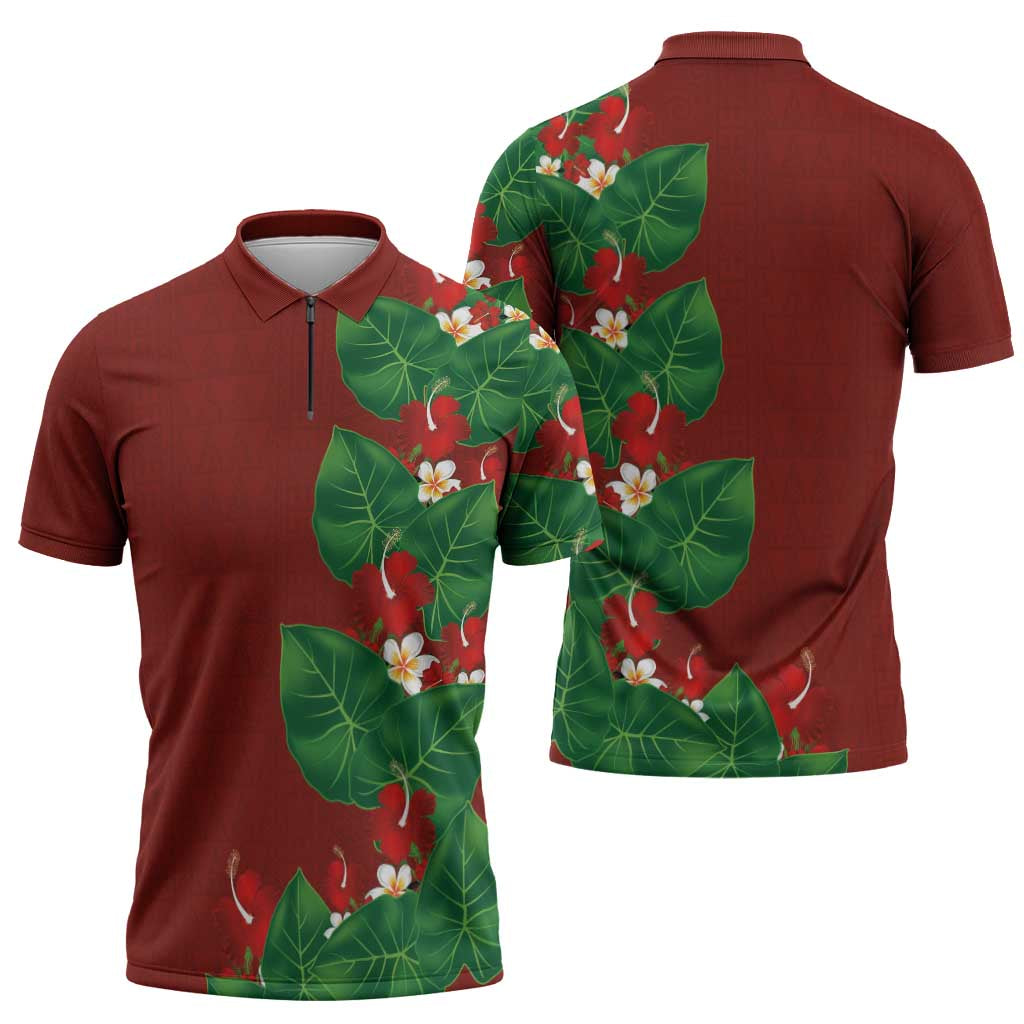 Hawaiian Taro Leaves-Hibiscus and Plumeria Zipper Polo Shirt Polynesian Art-Kakau Tattoo Red