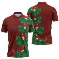 Hawaiian Taro Leaves-Hibiscus and Plumeria Zipper Polo Shirt Polynesian Art-Kakau Tattoo Red