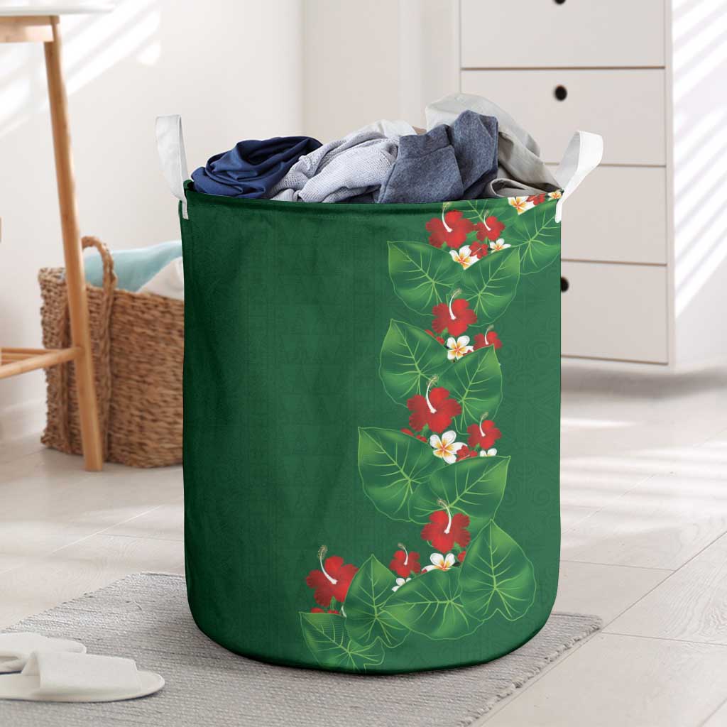 Hawaiian Taro Leaves-Hibiscus and Plumeria Laundry Basket Polynesian Art-Kakau Tattoo Green
