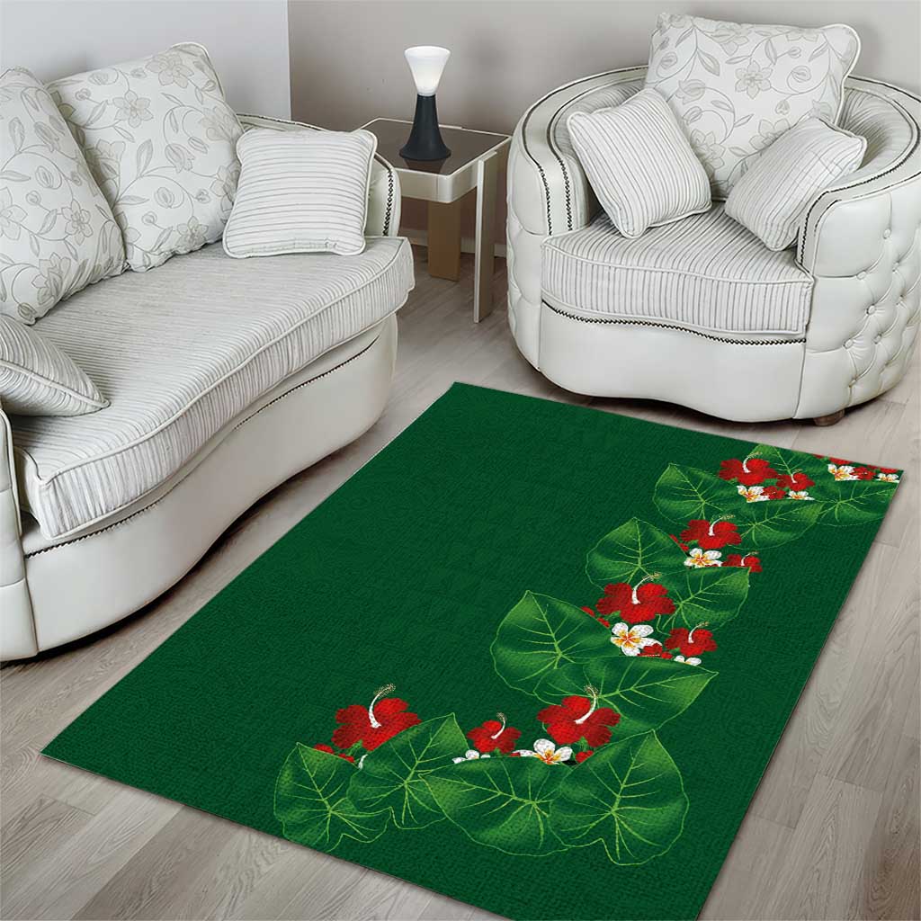 Hawaiian Taro Leaves-Hibiscus and Plumeria Area Rug Polynesian Art-Kakau Tattoo Green