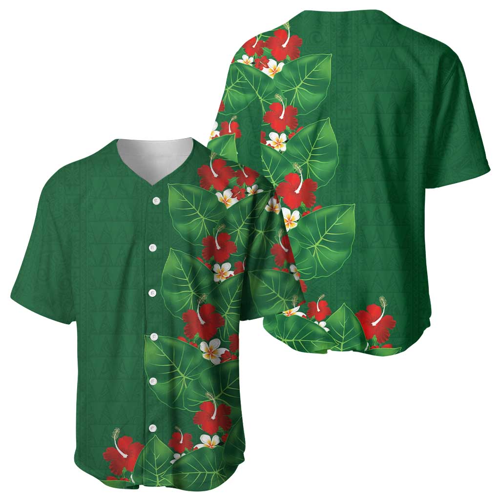Hawaiian Taro Leaves-Hibiscus and Plumeria Baseball Jersey Polynesian Art-Kakau Tattoo Green