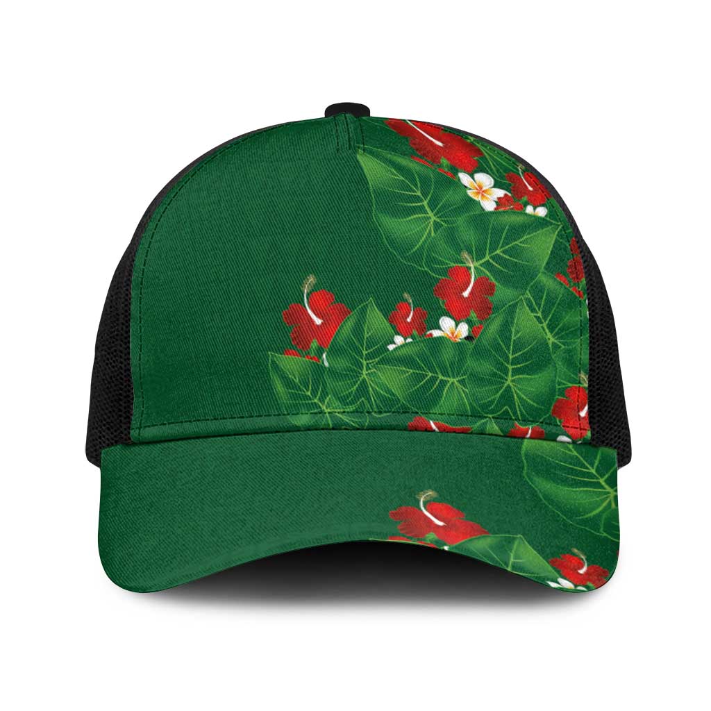 Hawaiian Taro Leaves-Hibiscus and Plumeria Baseball Net Cap Polynesian Art-Kakau Tattoo Green