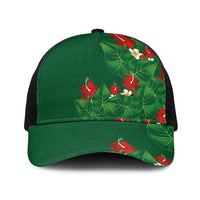 Hawaiian Taro Leaves-Hibiscus and Plumeria Baseball Net Cap Polynesian Art-Kakau Tattoo Green