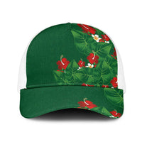 Hawaiian Taro Leaves-Hibiscus and Plumeria Baseball Net Cap Polynesian Art-Kakau Tattoo Green