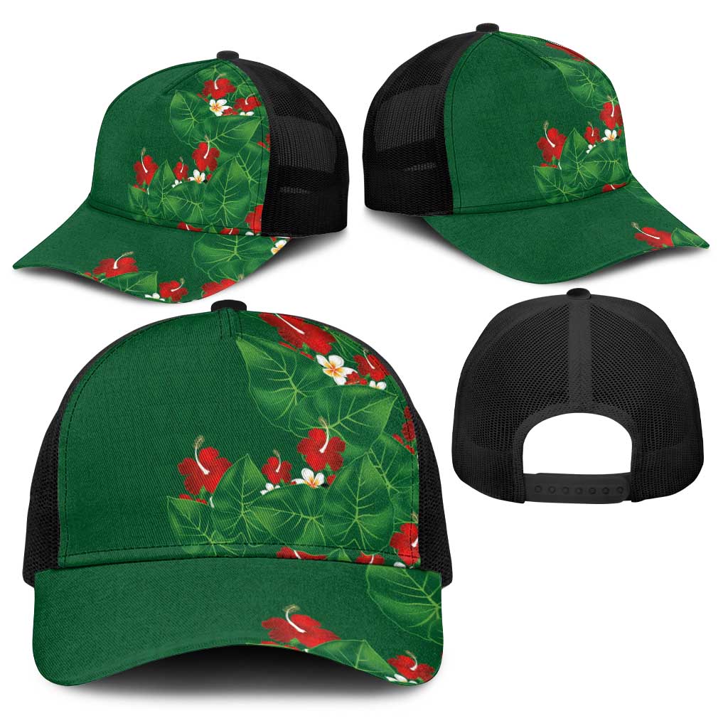 Hawaiian Taro Leaves-Hibiscus and Plumeria Baseball Net Cap Polynesian Art-Kakau Tattoo Green
