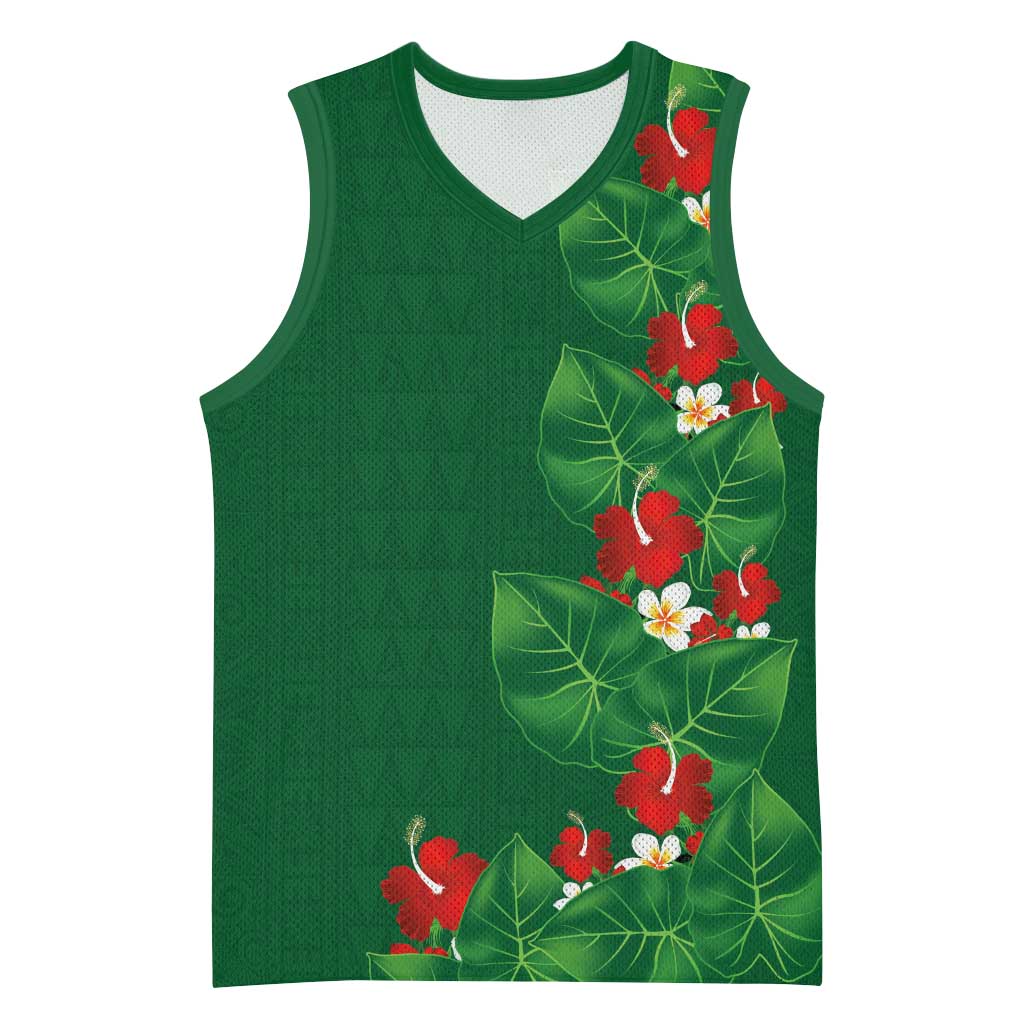 Hawaiian Taro Leaves-Hibiscus and Plumeria Basketball Jersey Polynesian Art-Kakau Tattoo Green