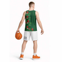 Hawaiian Taro Leaves-Hibiscus and Plumeria Basketball Jersey Polynesian Art-Kakau Tattoo Green