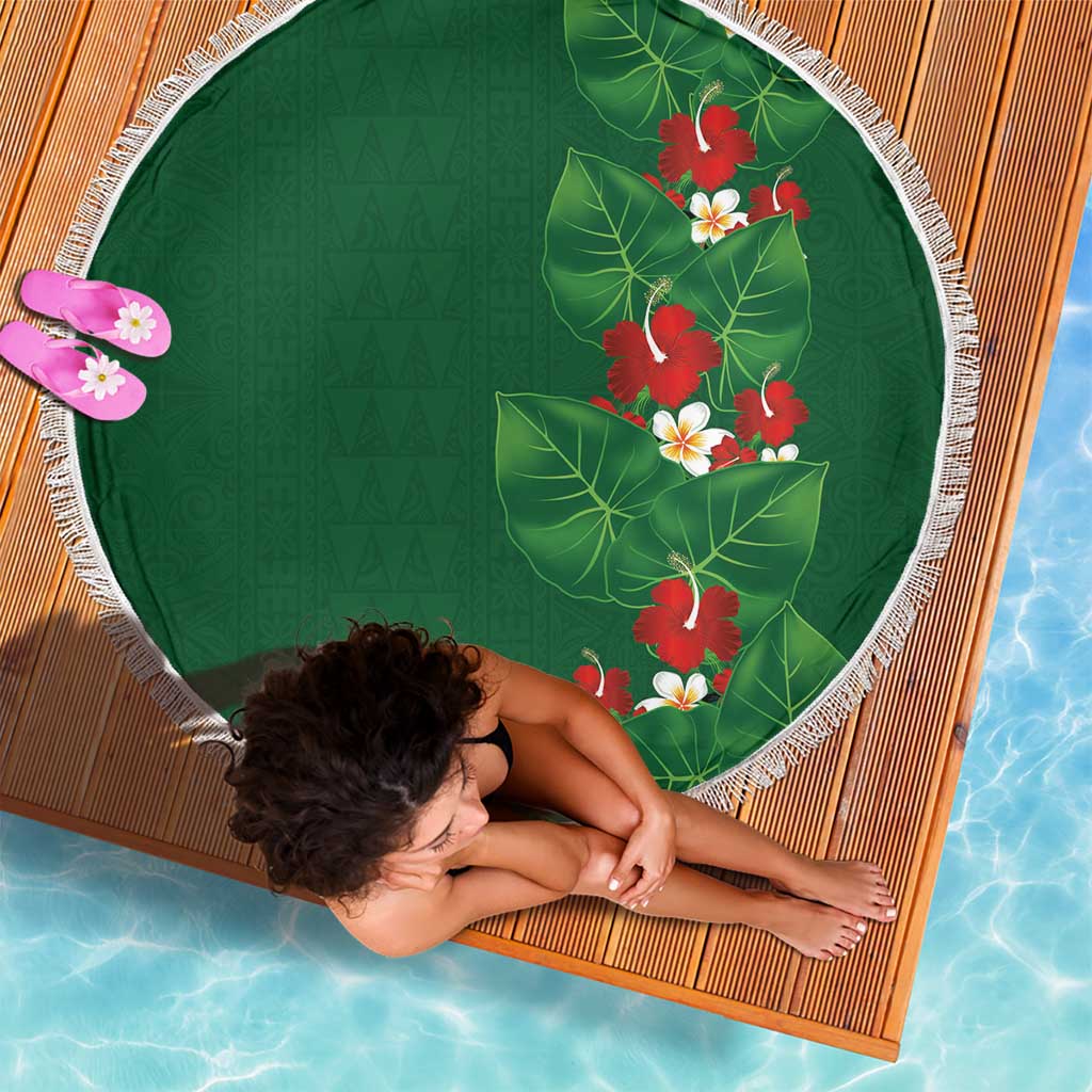 Hawaiian Taro Leaves-Hibiscus and Plumeria Beach Blanket Polynesian Art-Kakau Tattoo Green
