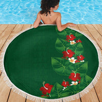 Hawaiian Taro Leaves-Hibiscus and Plumeria Beach Blanket Polynesian Art-Kakau Tattoo Green