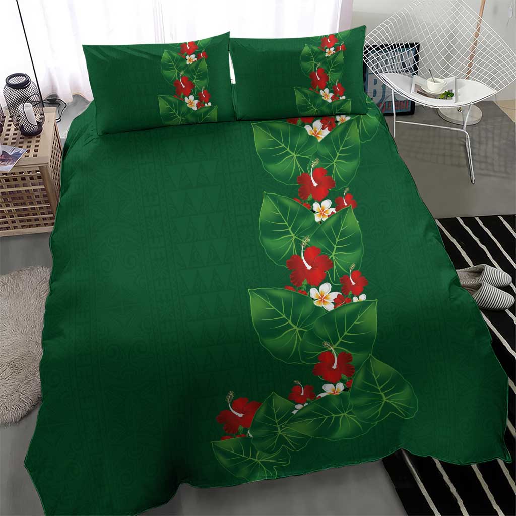 Hawaiian Taro Leaves-Hibiscus and Plumeria Bedding Set Polynesian Art-Kakau Tattoo Green