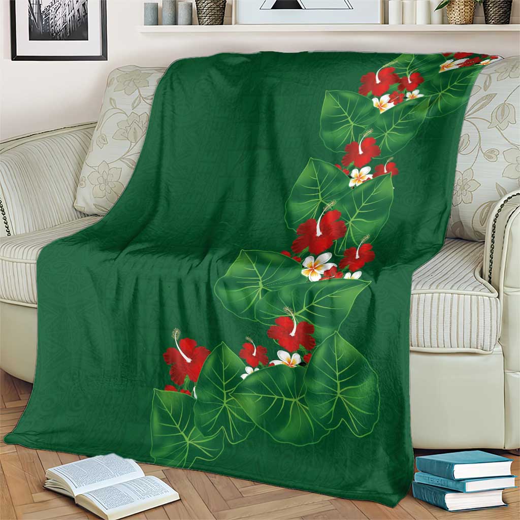 Hawaiian Taro Leaves-Hibiscus and Plumeria Blanket Polynesian Art-Kakau Tattoo Green