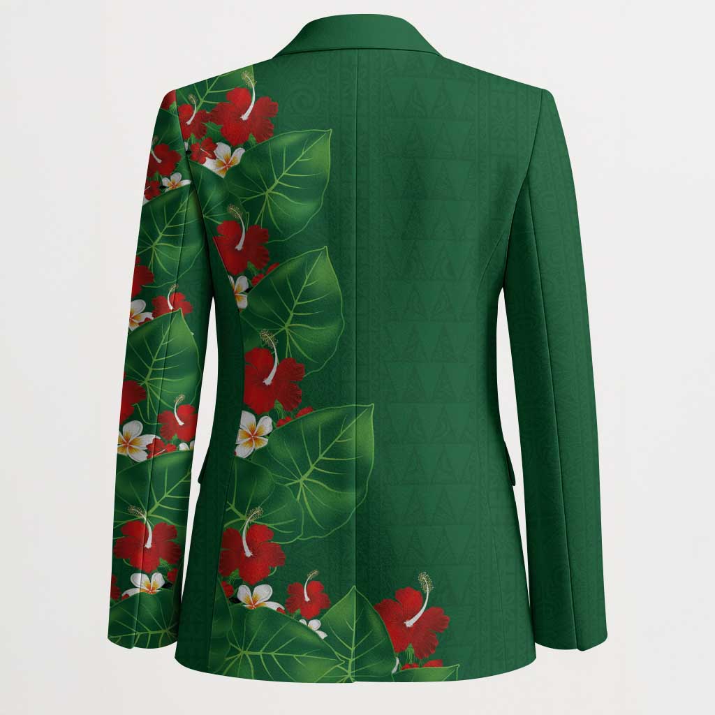 Hawaiian Taro Leaves-Hibiscus and Plumeria Blazer Polynesian Art-Kakau Tattoo Green