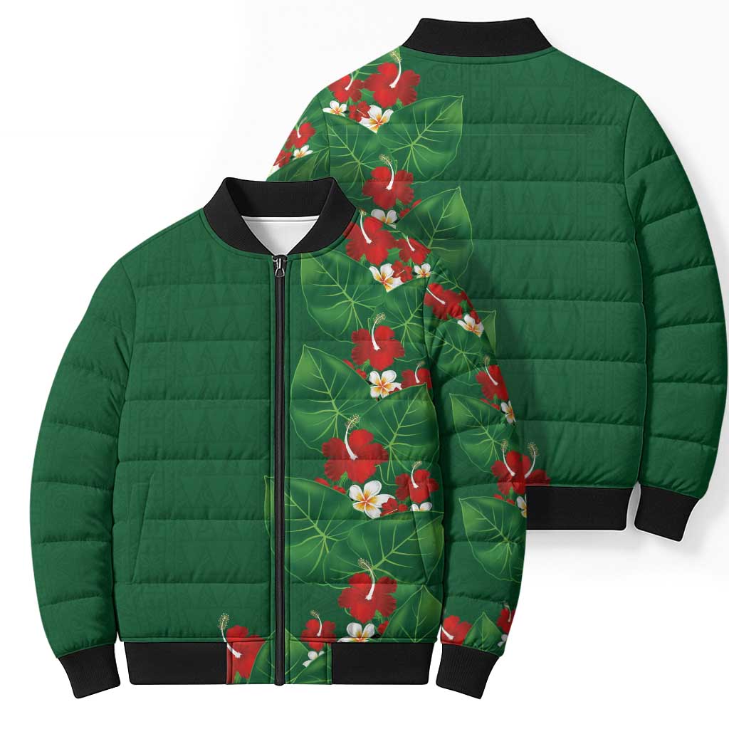 Hawaiian Taro Leaves-Hibiscus and Plumeria Bomber Puffer Jacket Polynesian Art-Kakau Tattoo Green