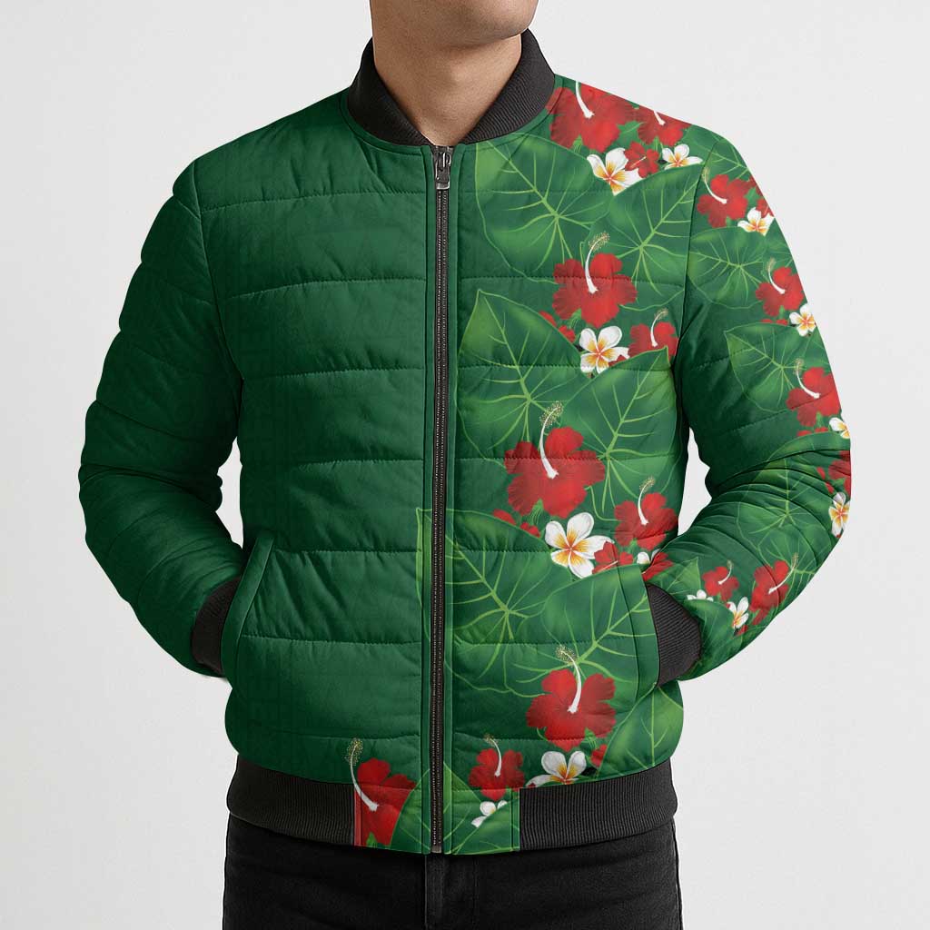 Hawaiian Taro Leaves-Hibiscus and Plumeria Bomber Puffer Jacket Polynesian Art-Kakau Tattoo Green