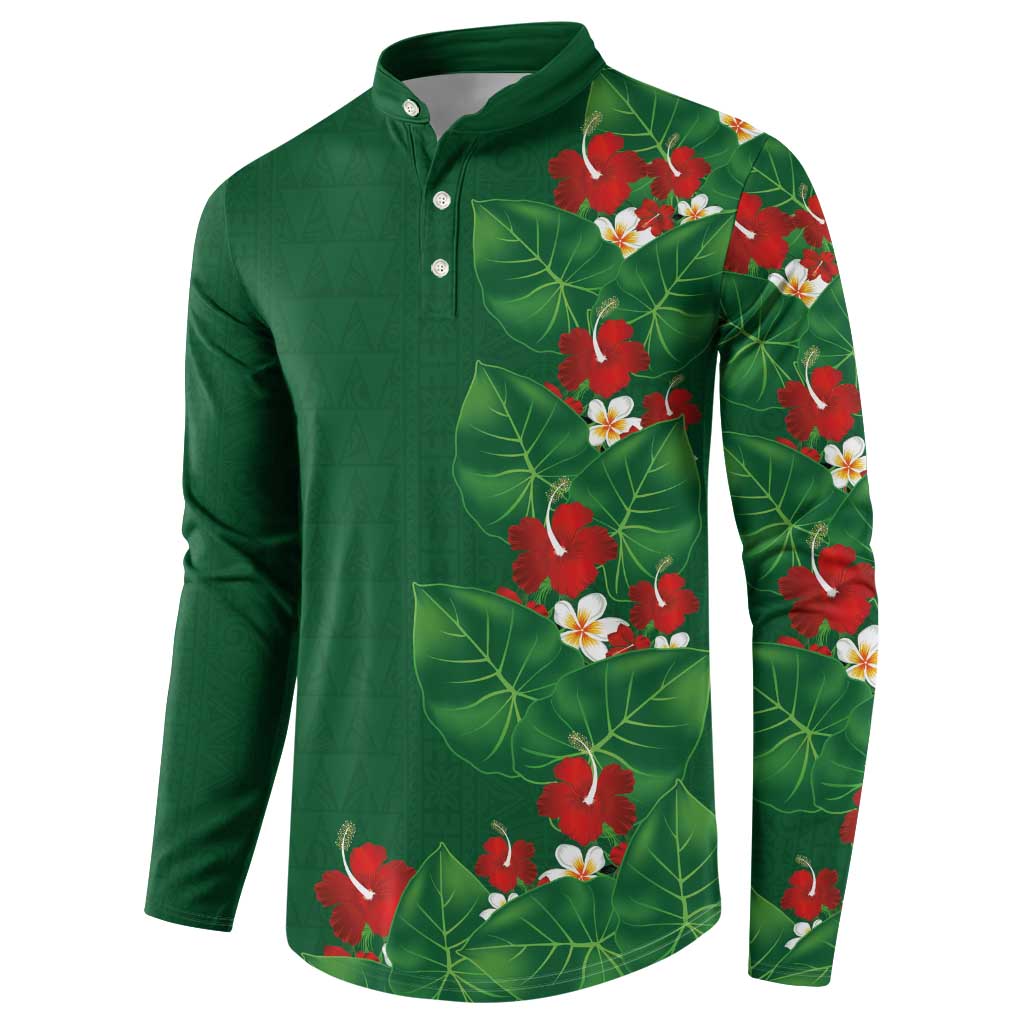Hawaiian Taro Leaves-Hibiscus and Plumeria Button Sweatshirt Polynesian Art-Kakau Tattoo Green