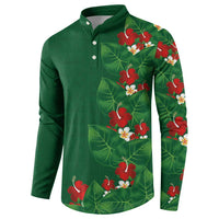 Hawaiian Taro Leaves-Hibiscus and Plumeria Button Sweatshirt Polynesian Art-Kakau Tattoo Green