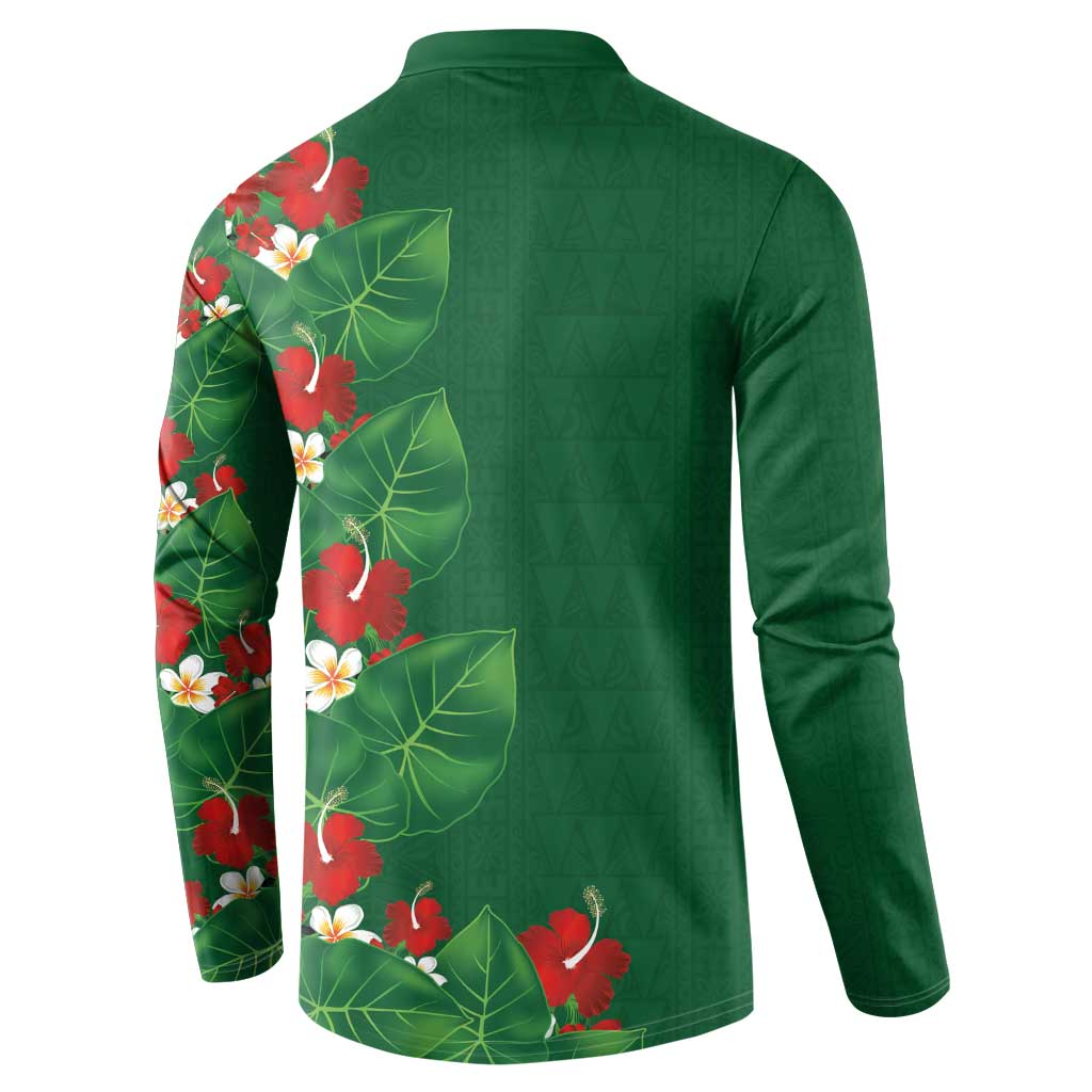 Hawaiian Taro Leaves-Hibiscus and Plumeria Button Sweatshirt Polynesian Art-Kakau Tattoo Green