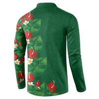 Hawaiian Taro Leaves-Hibiscus and Plumeria Button Sweatshirt Polynesian Art-Kakau Tattoo Green
