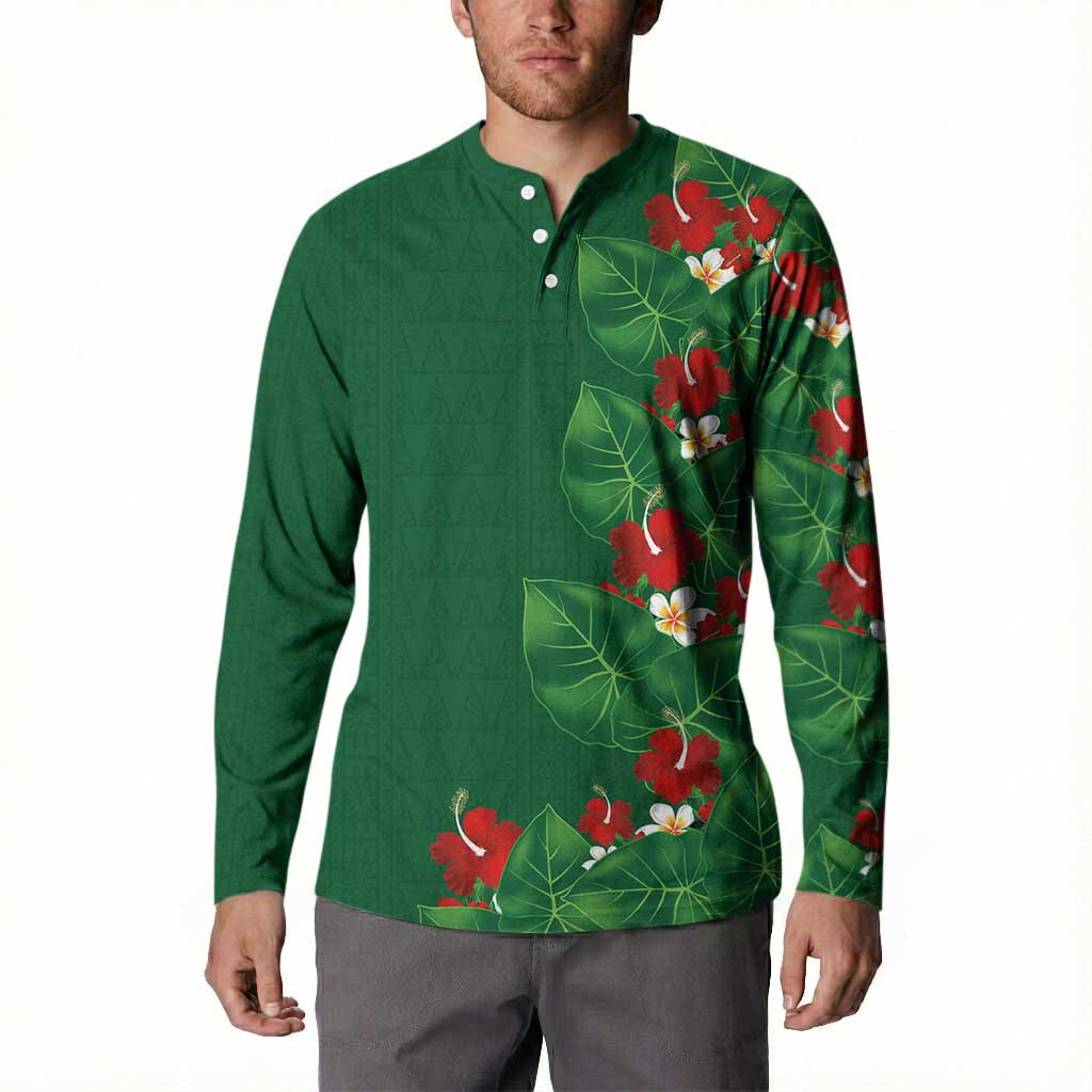 Hawaiian Taro Leaves-Hibiscus and Plumeria Button Sweatshirt Polynesian Art-Kakau Tattoo Green