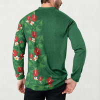 Hawaiian Taro Leaves-Hibiscus and Plumeria Button Sweatshirt Polynesian Art-Kakau Tattoo Green