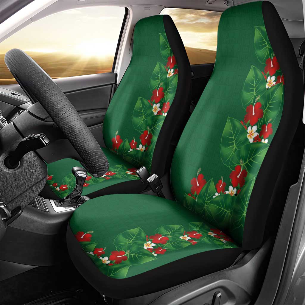 Hawaiian Taro Leaves-Hibiscus and Plumeria Car Seat Cover Polynesian Art-Kakau Tattoo Green