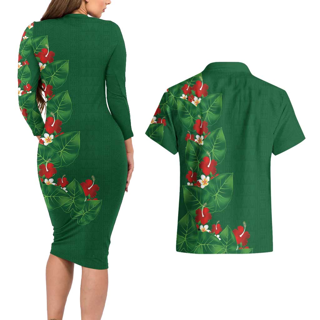 Hawaiian Taro Leaves-Hibiscus and Plumeria Couples Matching Long Sleeve Bodycon Dress and Hawaiian Shirt Polynesian Art-Kakau Tattoo Green