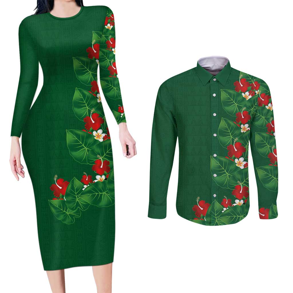 Hawaiian Taro Leaves-Hibiscus and Plumeria Couples Matching Long Sleeve Bodycon Dress and Long Sleeve Button Shirt Polynesian Art-Kakau Tattoo Green