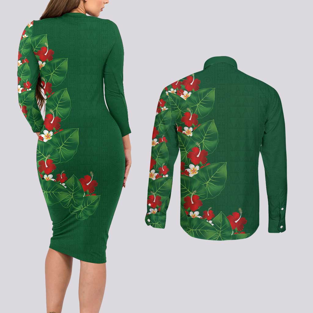Hawaiian Taro Leaves-Hibiscus and Plumeria Couples Matching Long Sleeve Bodycon Dress and Long Sleeve Button Shirt Polynesian Art-Kakau Tattoo Green