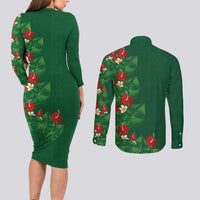 Hawaiian Taro Leaves-Hibiscus and Plumeria Couples Matching Long Sleeve Bodycon Dress and Long Sleeve Button Shirt Polynesian Art-Kakau Tattoo Green