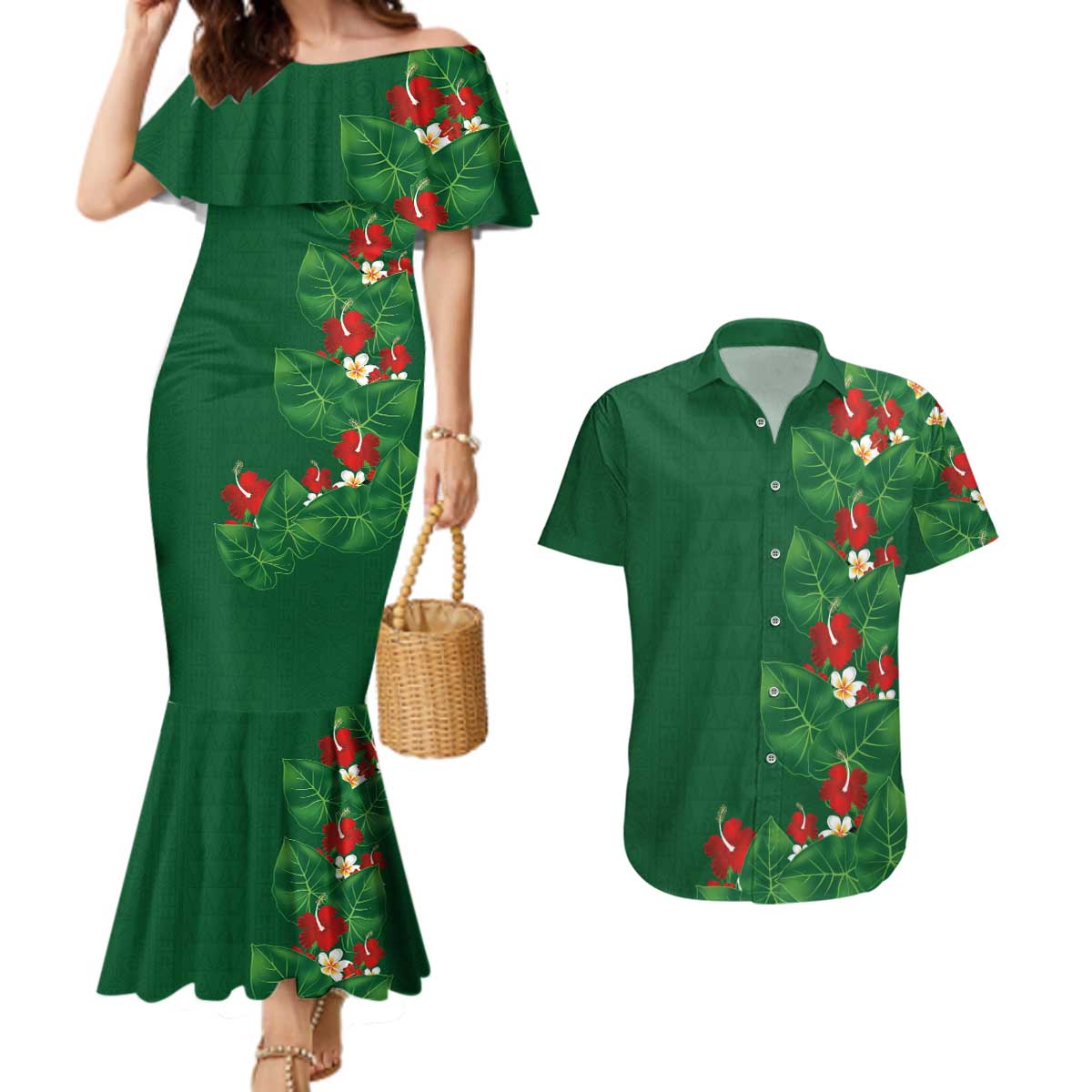 Hawaiian Taro Leaves-Hibiscus and Plumeria Couples Matching Mermaid Dress and Hawaiian Shirt Polynesian Art-Kakau Tattoo Green