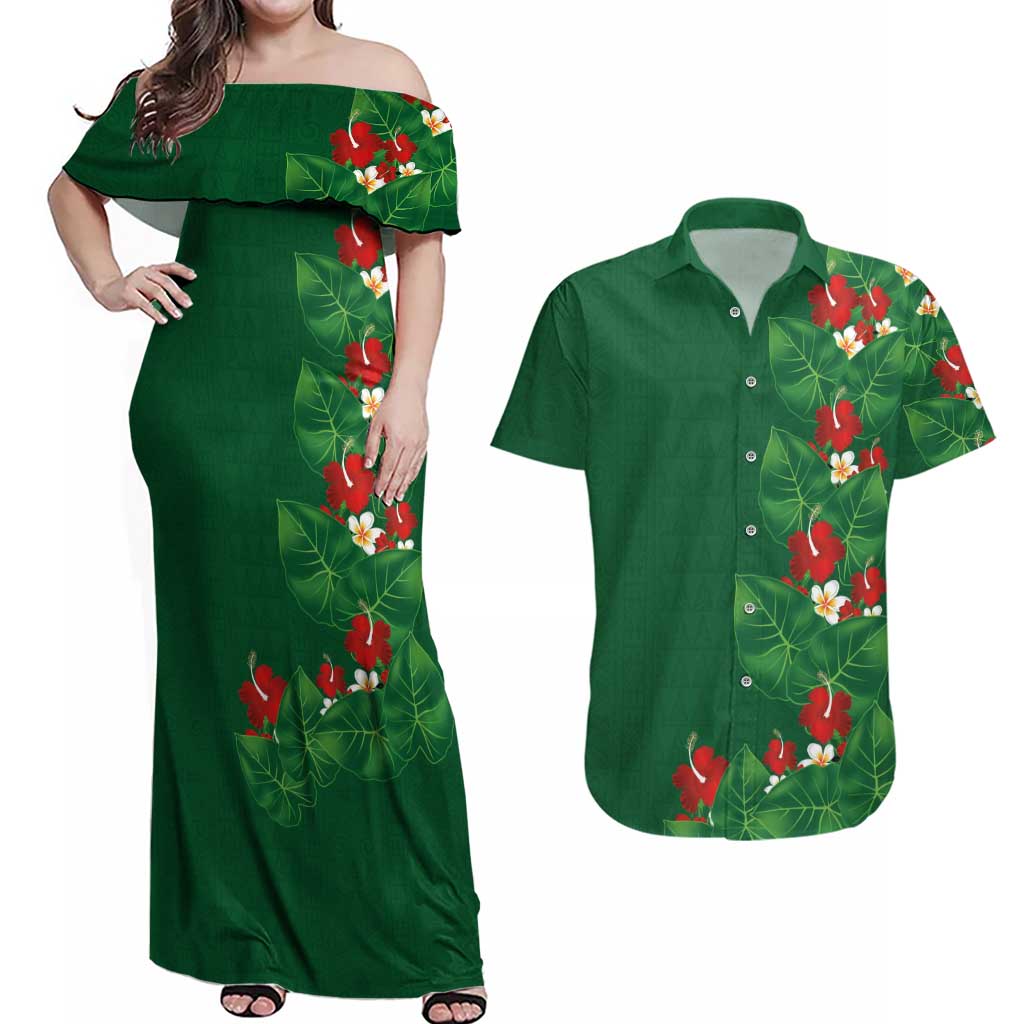 Hawaiian Taro Leaves-Hibiscus and Plumeria Couples Matching Off Shoulder Maxi Dress and Hawaiian Shirt Polynesian Art-Kakau Tattoo Green